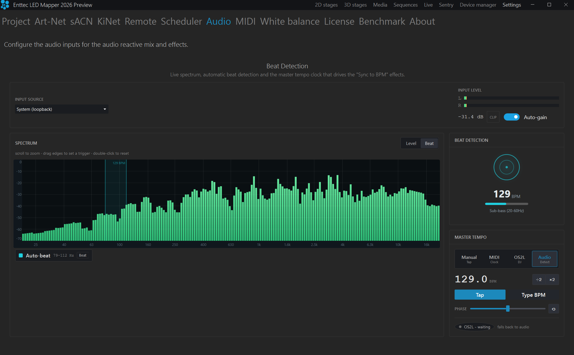 ELM 2026:real-time beat detection with live spectrum and detected BPM