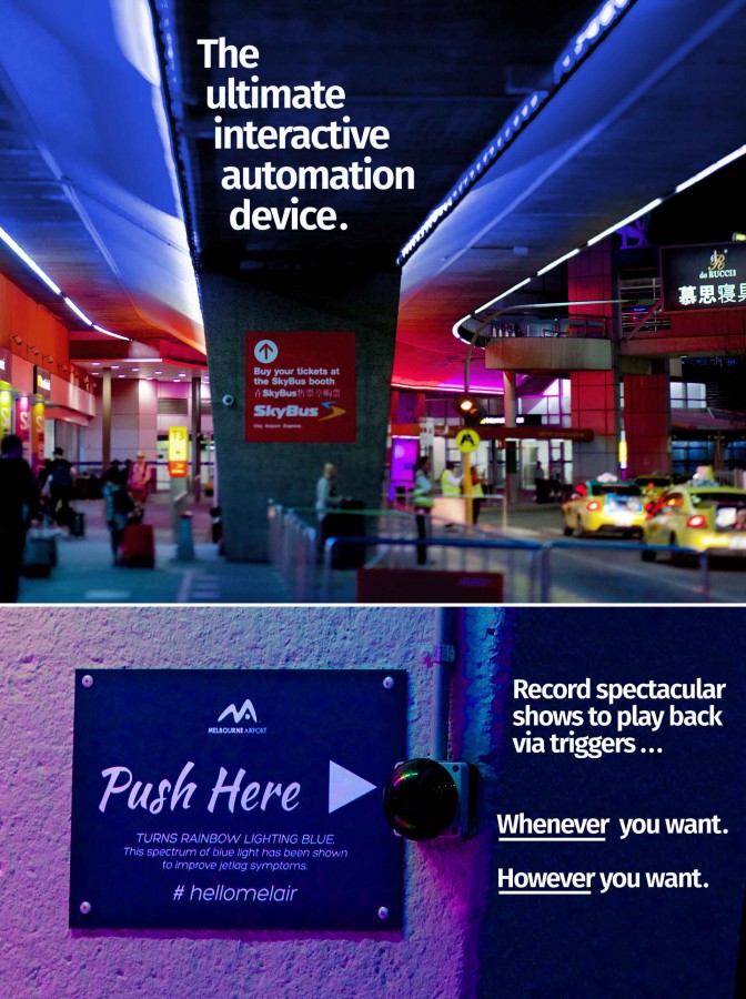 Melbourne airport lighting control, a wired button allows lighting to be triggered by the public.