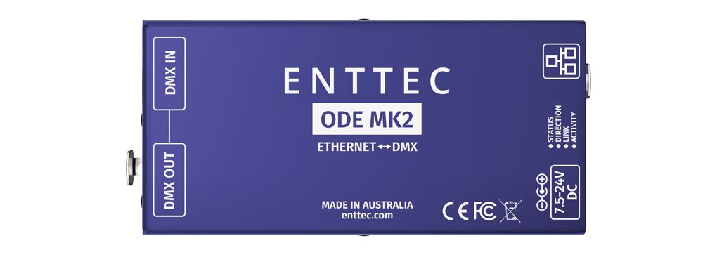 Top down view of the ENTTEC Open DMX Ethernet (ODE Mk2) gateway node