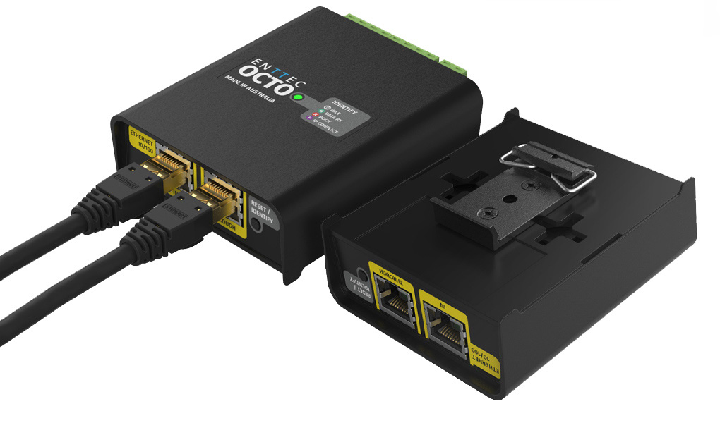 ENTTEC Octo ethernet pixel controller with DIN Rail Clip
LED pixel controller, LED pixel control device, pixel data converter