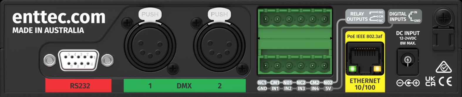 Rear ports of the ENTTEC S-Play DMX, ArtNet and sACN lighting controller with show creation and record functionality. RS232, 5-pin DMX, Dry inputs (GPI) Relay outputs, Power over Ethernet (PoE) and DC input ports.