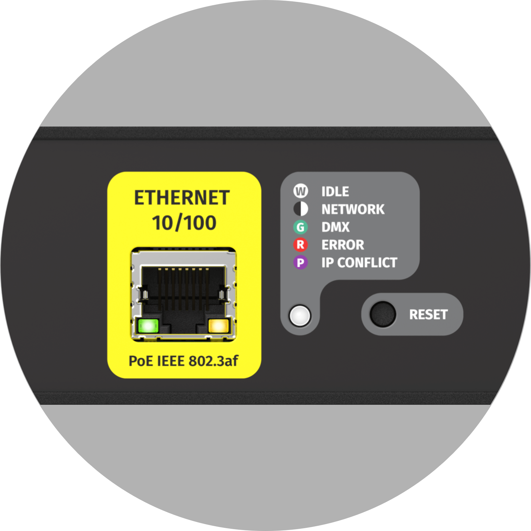 Storm 8 Ethernet to DMX gateway's PoE network port, status indicator and reset button.