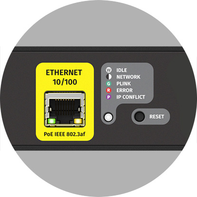 Image of the Pixelator Mini Ethernet LED pixel controller's network port with PoE, status indicator and reset button.
