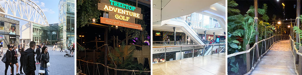 Four images showing the inside and outside of treetop Adventure Golf Birmingham, installed by Full Production Limited.