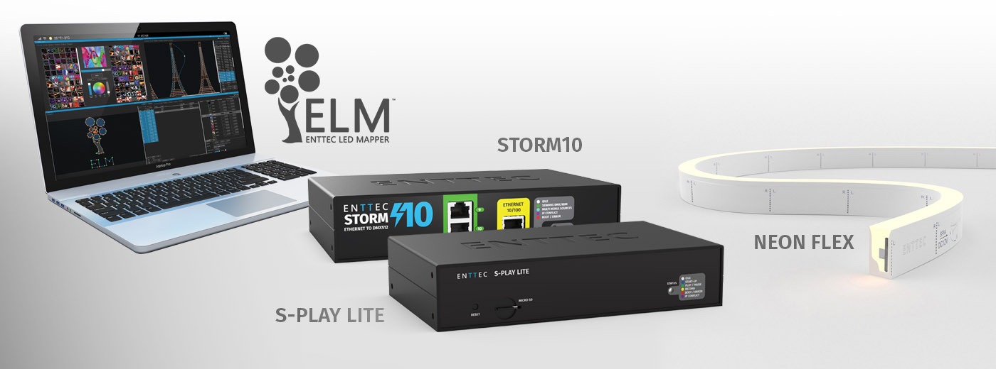 ENTTEC product collage showing RGBW Neon Flex, STORM10, ELM and S-PLAY Lite