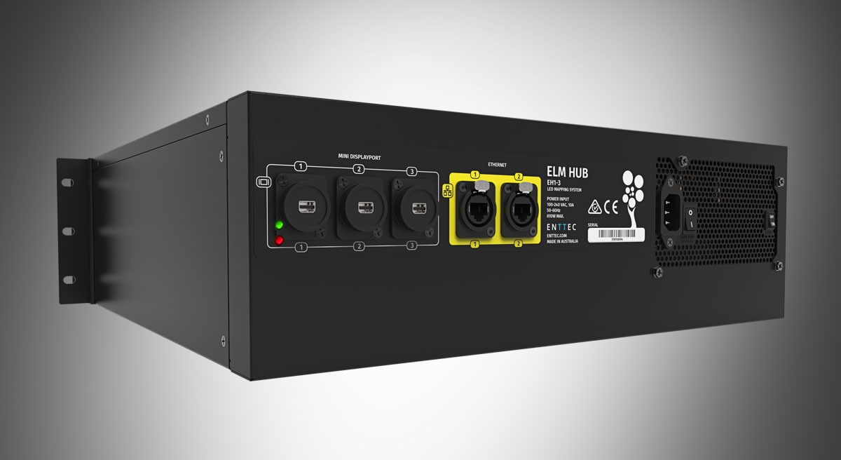 Front view of ENTTEC ELM HUB showing its built-in monitor and rackmount chassis